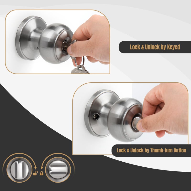 Gaurqiah Keyed Entry Door Knob, Flat Ball Interior Door Knob with Lock, Round Exterior Doorknob for Front/Entrance Doors, Stain Nickel - Image 4